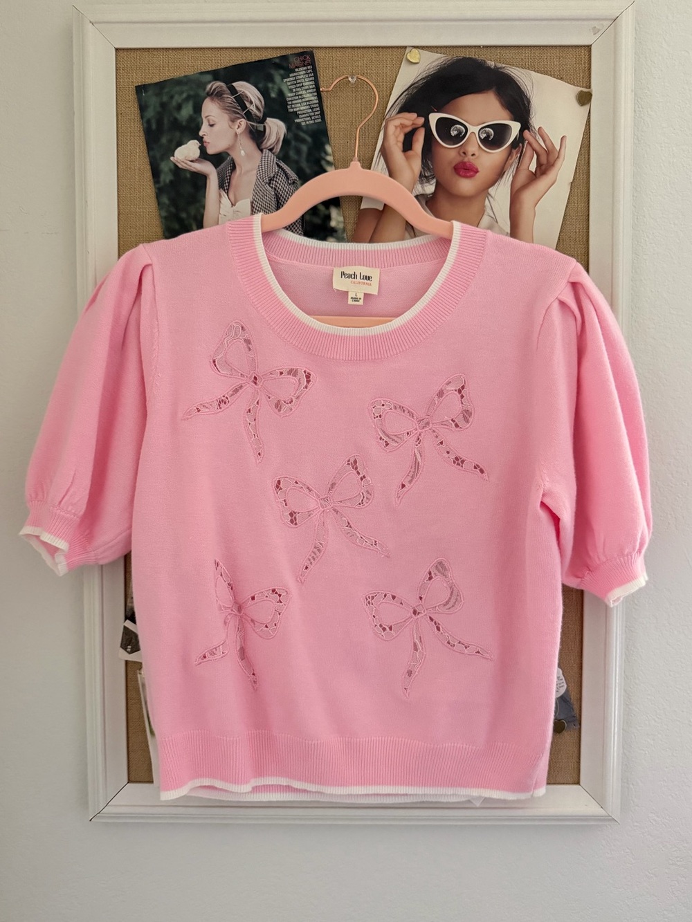 Pink Bow Puff Sleeve Sweater Top